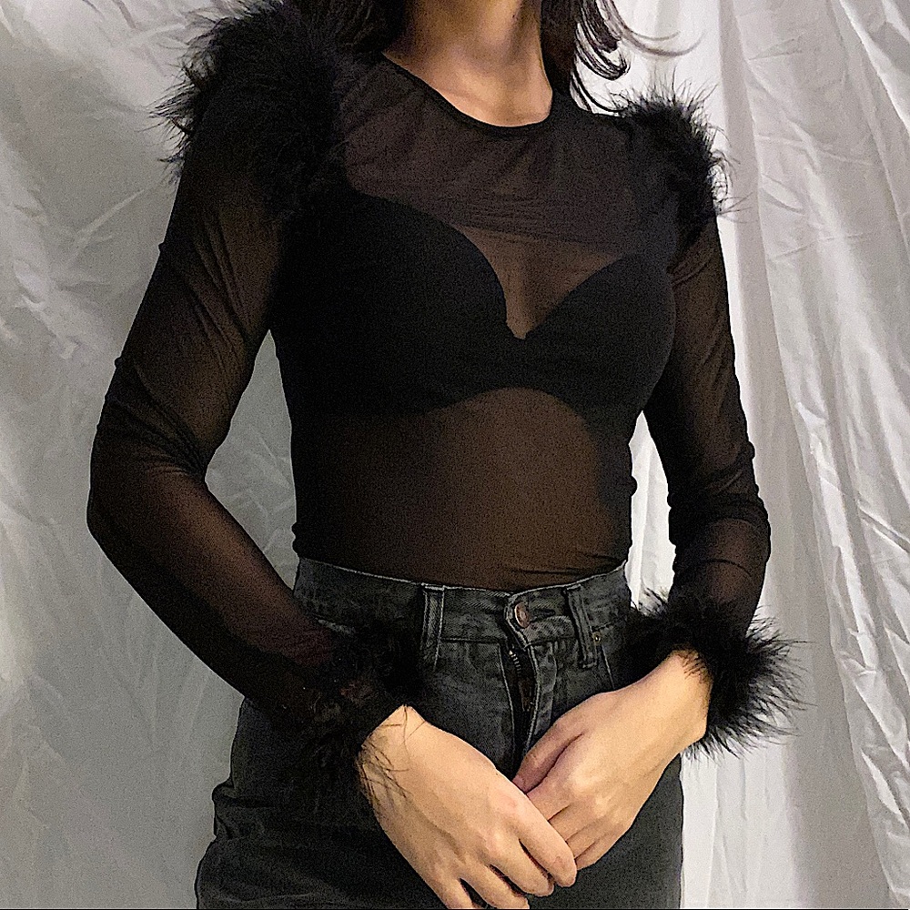 Mesh top with fur detail